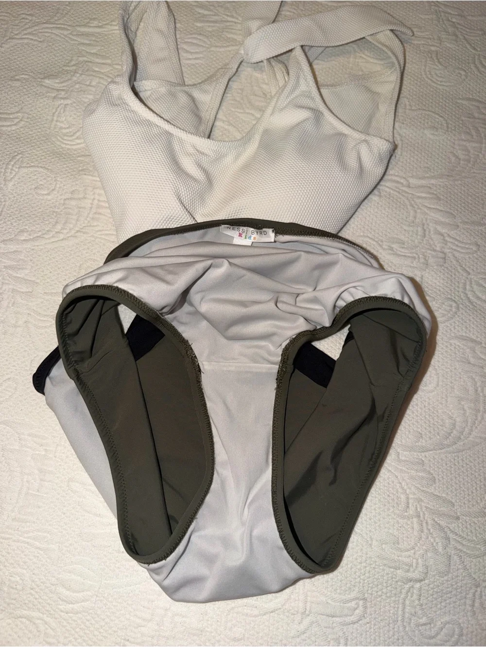 Girls' Two-Tone Cutout One-Piece Swimsuit - White, Olive & Black